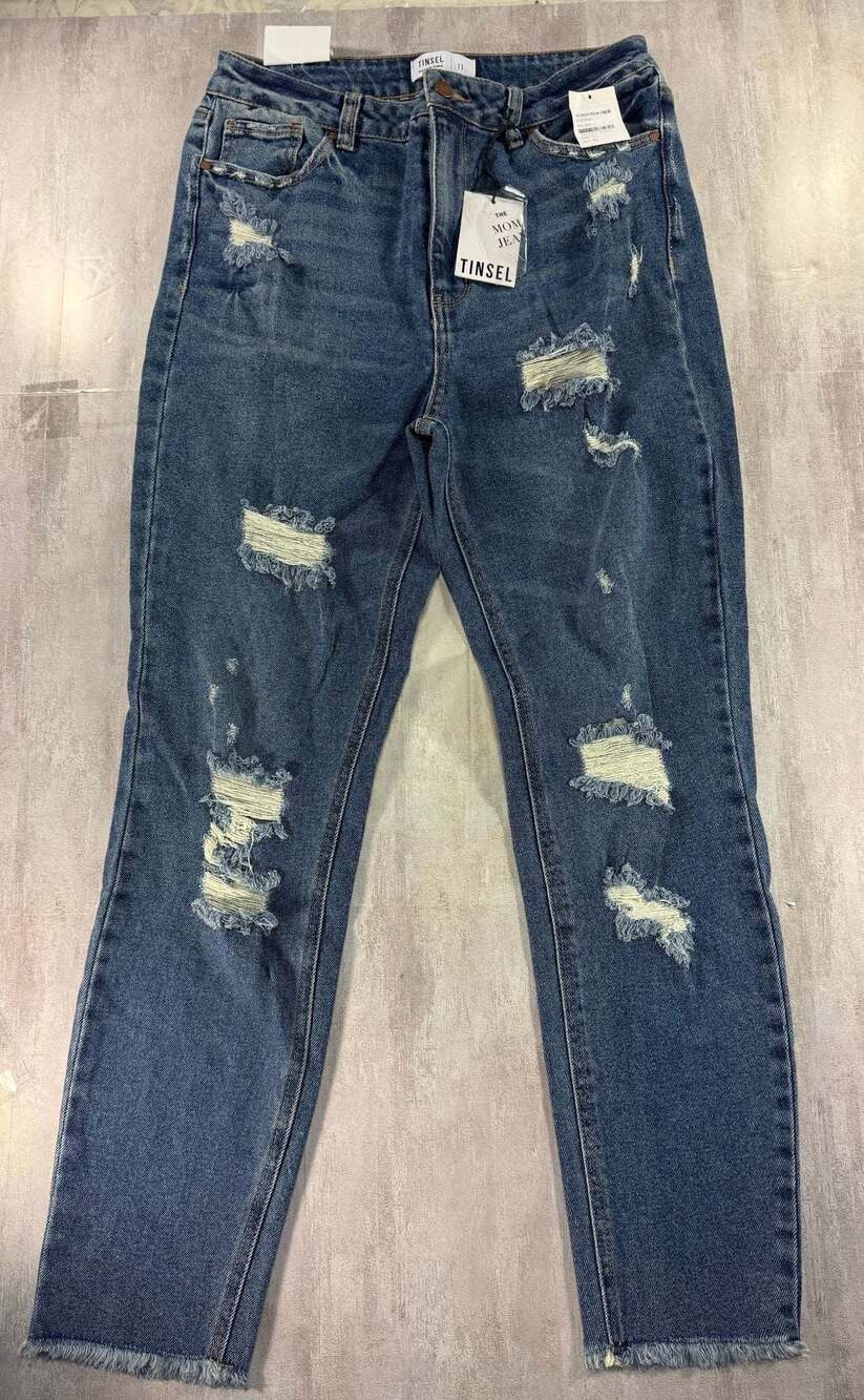 Tinsel High Rise Distressed Mom Jeans with Raw Hem